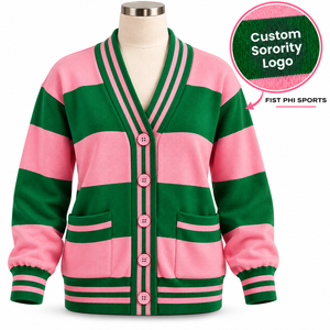 Cárdigan de Punto Acrílico Sólido Transpirable Bordado Personalizado Rosa Verde para Hermandades |   Cárdigan de Manga Larga con Cuello en V y Contraste de Color - Product Image 1