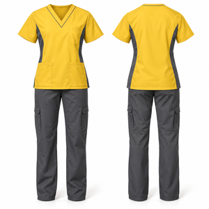 Customized <b>Women</b> <b>Scrub</b> <b>Set</b> Yellow With Gray Accents V-Neck Top Cargo Pants Hospital Uniforms Polyester Cotton Woven Fabric - Product Image 1