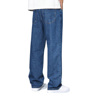 Mens Blue Solid Breathable Wide Leg Denim <b>Jeans</b> Drawstring <b>Elastic</b> <b>Waist</b> Loose Fit Straight Leg Casual Washed Pants Full Length - Product Image 2