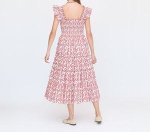 Vestido Midi A-Line Signature con Hombros con Volantes, Elástico Fruncido, Falda Escalonada y Bolsillos con Nuestro Estampado ODM para Exteriores - Product Image 3