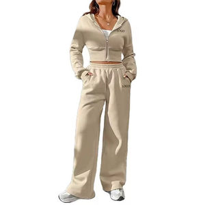 Conjunto Deportivo Extra Grande para Mujer 2025, Sudadera Corta con Cremallera Completa, Pantalones Deportivos Acampanados, Bordado Desgastado, Estilo Informal, Lavado - Product Image 1