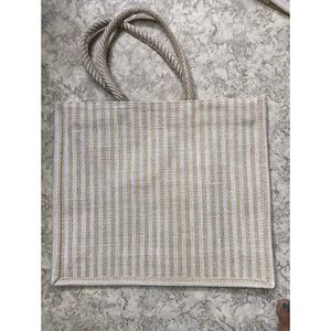 Bolsa de Compras de Yute y Algodón con Diseño de Rayas y Letras, Bolsa de Playa Mediana con Transferencia Térmica para Publicidad, Capacidad de 5 kg - Product Image 3