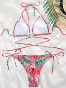 Conjunto de Bikini con Estampado de Frutas Tropicales para Mujer, Top Halter Cruzado con Lazos Laterales, Braguita de Spandex Elástico, Traje de Baño de 2 Piezas - Product Image 4