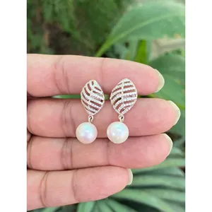Boucles d'oreilles pendantes en perles d'eau douce naturelles, argent sterling 925, bijoux en perles faits à la main, fournisseur en gros - Product Image 2