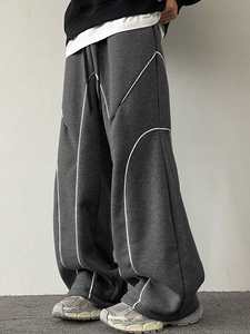 Pantalones de chándal de pierna ancha gris oscuro para hombre, 100% algodón, tela de pana pesada lavada, ajuste drapeado suelto, cordón de puntada curvada - Product Image 4