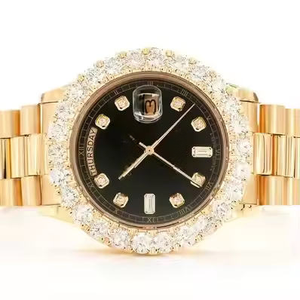 Shiny Bright Gold Tone Black Dial VVS Quality Moissanite Studded Fashion Business <b>Watch</b> Bust Down Bezel on Diamond for <b>Men</b> Women - Product Image 1