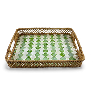 Bandeja Artesanal de Nácar con Borde de Ratán para Servir Comida, Exhibición en Mesa y Decoración del Hogar, de Vietnam - Product Image 4