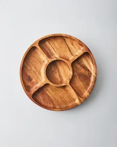 Bandeja de servicio de madera de acacia con cuenco de inmersión de vidrio, plato de aperitivo de madera para decoración del hogar, fiestas, producto de vajilla de entretenimiento - Product Image 1