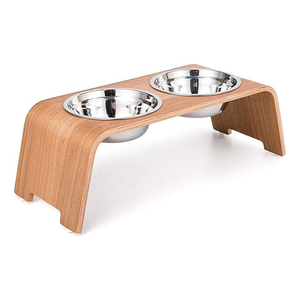 Mangeoire à double bol en acier surélevée en forme d'hexagone avec support en bois incurvé pour chiens et chats de compagnie - Product Image 2
