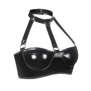 Pink <b>Lingerie</b> Women PU Leather <b>PVC</b> Bra Exotic Button Halter Latex Bralette Tops Novelty Costumes Nightwear Pornos Stage Bra - Product Image 4