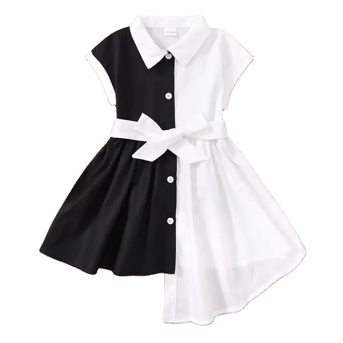 Vestido de verão para bebês, camisa de princesa de manga curta, lapela, botão único, patchwork, vestidos irregulares para meninas