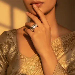 Bague géométrique en argent 925 plaqué avec pierres précieuses et zircon cubique serti clos, style bohème, unisexe, tendance - Product Image 2