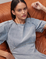 Vente à chaud à la mode Denim couleur unie manches bulle décontracté élégant robe trapèze