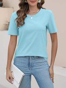 T-shirts à blocs de couleurs écologiques pour femmes anti-boulochage décontracté été hauts à manches courtes avec décoration de broderie - Product Image 3