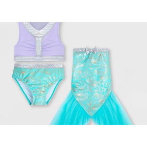 Costume da bagno intero stampato 3 pezzi per bambine Disney La Sirenetta, colore lavanda e turchese, taglia 7-8, per nuoto - Product Image 2