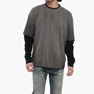 Camiseta holgada de 100% algodón para hombre, camiseta de manga larga con cuello simulado de doble capa, ropa de calle de alta calidad con estampado de patrón sólido - Product Image 3