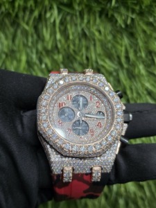 Montre-bracelet de luxe pour homme bicolore, demi-sertie de diamants en moissanite, bracelet en caoutchouc rouge et noir, date, 41 mm, vintage, entièrement mécanique, hip-hop - Product Image 2