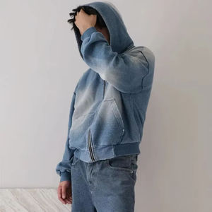 Sudadera con capucha para hombre, jersey de peso pesado, lavado ácido, sudadera con cremallera, ropa de calle de alta calidad, Sudadera con capucha desgastada recortada Vintage - Product Image 5