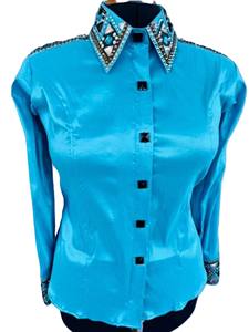 Camisa hecha a mano de Cowgirl Western Show en blanco impreso en tela de tafetán elástica para uso ecuestre - Product Image 3