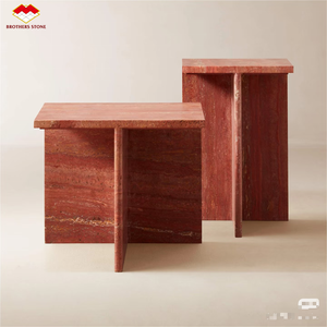 Banc et <span class=keywords><strong>tabouret</strong></span> modernes en travertin rouge de forme personnalisée, table d'appoint cannelée en travertin rouge, ensemble table basse pour hall d'entrée et salon - Product Image 2