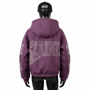 Veste Softshell pour femmes de haute qualité, polyester doux, élasthanne, design à panneaux violets, logo personnalisé, veste Softshell pour femmes - Product Image 2