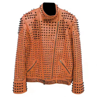 Veste en cuir de vachette marron à faible MOQ, style punk, design à clous, heavy metal, moto, mode rock, veste de motard en cuir véritable pour homme