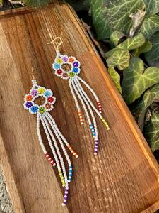 Boho <b>bead</b> earrings with <b>turquoise</b> design andy cascading fringe, unique jewelry gift - Product Image 2