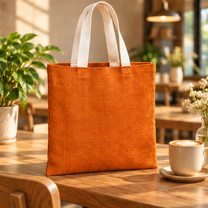 Sac fourre-tout en jute orange rouille 14,5 x 16,5 pouces avec poignées crème, réutilisable, non laminé, plat, ouverture supérieure, logo personnalisé, vente en gros - Product Image 5