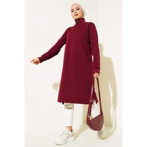 เสื้อคลุมยาวผ้าชีฟองถักลำลองวินเทจพร้อมซิปสีแดงม่วงครึ่งหนึ่งเหมาะกับการพิมพ์ลายรอบเอวธรรมชาติทั้งหมด - Product Image 3