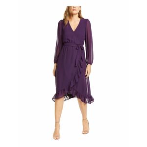 Abito midi da donna Q+A Los Angeles in chiffon viola con maniche a palloncino, taglie forti, con linea vita naturale - Product Image 1