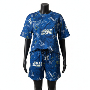 Ensemble t-shirt et short pour femme en jersey de coton premium, bleu, imprimé par sublimation sur toute la surface, logo personnalisé, 100% coton, crop top et short - Product Image 4