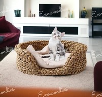 Joli nouveau lit rond en osier pour animaux de compagnie intérieur/extérieur écologique fabriqué à partir de tabouret en jacinthe d'eau en bambou pour chats domestiques