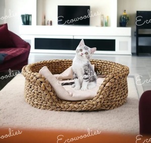 Encantadora Nueva cuna ecológica para interiores/exteriores, cama redonda de mimbre hecha de bambú, taburete de jacinto de agua para gatos domésticos - Product Image 3