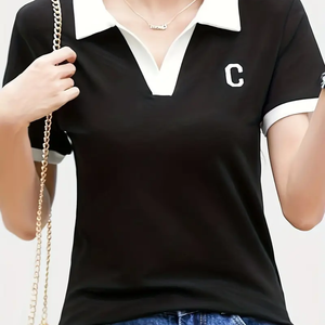 Vente en gros de t-shirts à manches courtes pour femmes, nouveaux hauts solides avec col, coupe ajustée, style décontracté, manches en coton personnalisées, décoration avec logo - Product Image 3