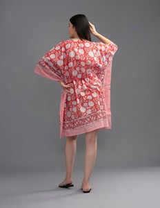 Boho Floral Kaftan Vestido corto de verano Tejido de algodón puro Bloque Impreso Rojo Blanco Cubierta para la playa Sol o Ropa de noche Crucero - Product Image 4