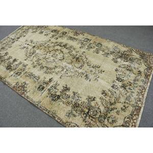 พรมตุรกีโบราณขนสีเบจ-น้ำตาล5x8.9ft แบนสานด้วยลวดลายเย็บปะติดปะต่อกันสำหรับตกแต่งห้องนั่งเล่นหรือใช้ในห้องโถง - Product Image 4