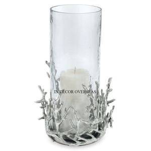 ฐานดีไซน์โลหะขัดเงาสีเงินเงางามสำหรับเชิงเทียนเฮอริเคนใสจากอินเดีย - Product Image 1