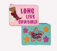 Belle longue vie Cowgirls perle graine porte-monnaie toile maquillage sac pochette avec fermeture à glissière Mini motif brodé