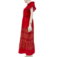 Vestido Midi Casual para Mujer, Cuello en V, Manga con Volantes, Detalle de Botones de Encaje, Cintura Elástica, Limpieza en Seco, Silueta en A Simple