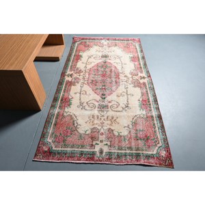 Auténtica alfombra de lana rojo Beige 3,7X7 pies estilo Kilim alfombra de área turca látex abstracto para pasillo rectángulo para habitaciones grandes - Product Image 1
