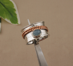 Handcrafted Vintage Wedding Spinner Ring Copper <b>Beads</b> Blue Stone Mixed Metal <b>Meditation</b> Adjustable Sterling Silver Boho Ring for - Product Image 4