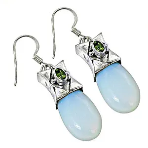 Boucles d'oreilles pendantes géométriques bohèmes Art Palace en or rose plaqué, calcédoine bleue et péridot pour femme - Cadeau tendance certifié par une tierce partie - Product Image 3