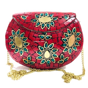 Handcrafted Red Stone Mosaic Evening Purse Elegant <b>Clutch</b> Bag with Metal Frame for Weddings, Parties, and Special Occasions - Product Image 2