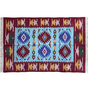 Tapis à tissage plat géométrique personnalisé fait à la main par des artisans indiens qualifiés bleu et rouge tapis et ensembles en coton teints en légumes - Product Image 3