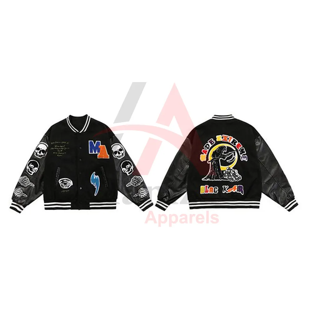 Preppy Style Letter B Embroidery Vintage Men Hip Hop Baseball Jacket Leather Sleeve Patch Casual Bomber Biker Coat