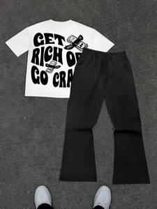 Conjunto de Camiseta con Capucha Ligera y Transpirable con Estampado Gráfico de Letras Divertidas y Pantalones Deportivos Acampanados, Ropa Casual de Calle Unisex para Invierno - Product Image 6