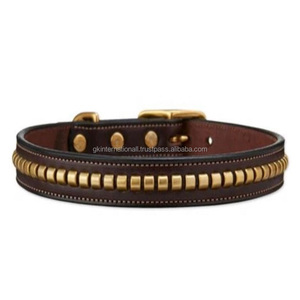 Collier de chien en cuir avec bride anglaise brun foncé, couture forte, avec pneu décoratif et boucle à ardillon en laiton et anneau en D - Product Image 6