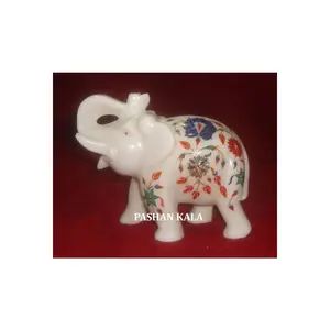 سعر منخفض لمجموعة ملونة شكل فيل رخامي هندي مصنوع يدويًا خفيف الوزن مع عناصر رخامية ومبيع جملة