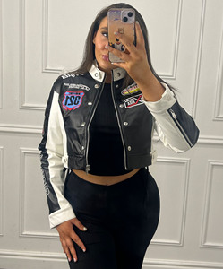 Women's Sheep Skin Leather Moto Faux <b>Jacket</b> Solid Pattern Cropped Bomber <b>Biker</b> <b>Jacket</b> for Autumn & Spring Season Women's <b>Jackets</b> - Product Image 6