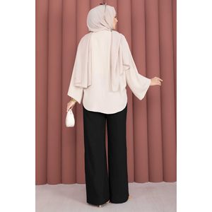 Pantalon large décontracté noir à taille haute élastique, en tissu crêpe respirant, style crayon, technique froissée, délavage coloré - Product Image 4